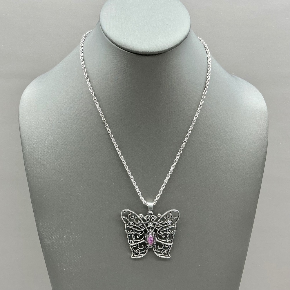 Butterfly Pendant Necklace Women Silver Tone Filigree Pink Stone Fashion Jewelry